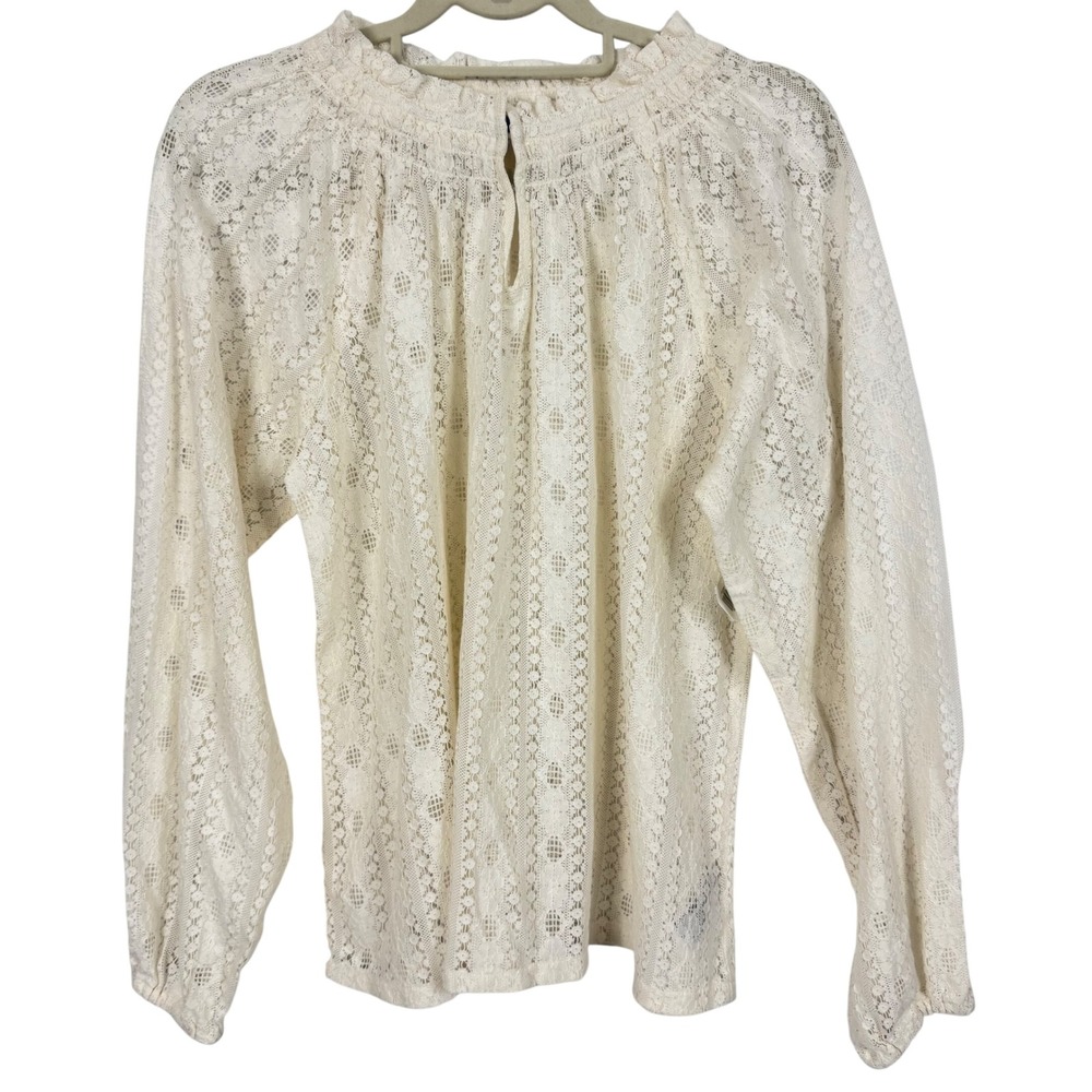 Old Navy Women Creme Lace Smocked Mock Neck Keyhole Long Sleeve NWT Blouse Sz M - Picture 2 of 14